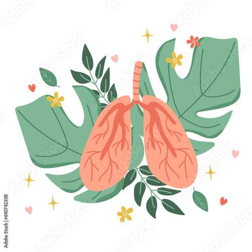 Lungs organ. Composition of the lungs against the background of leaves. Vector illustration