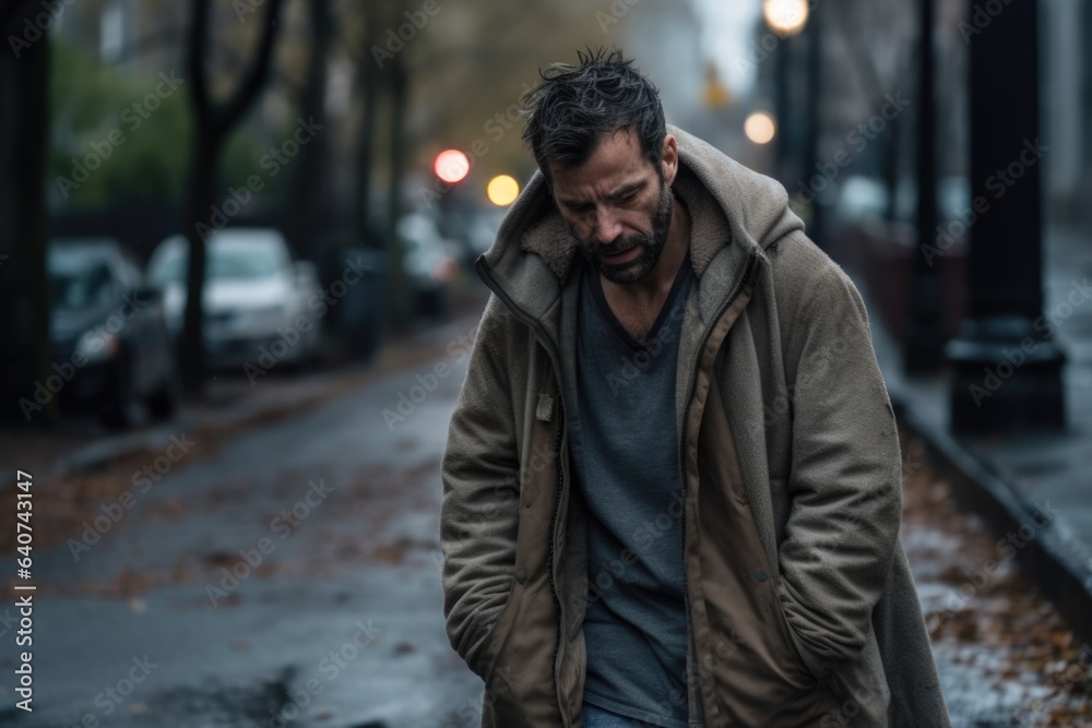 Sad depressed man in crumpled dirty clothes walking down the street. Sad depressed man in crumpled dirty clothes walking down the street.