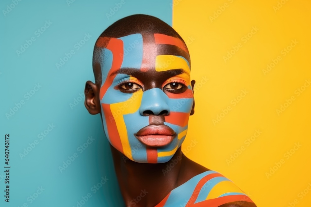 Portrait of a young African guy with abstract art makeup on pastel yellow and blue background. Portrait of a young African guy with abstract art makeup on pastel yellow and blue background.
