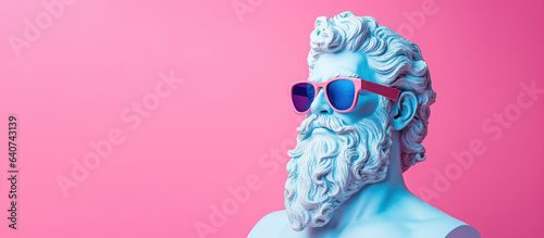 Greek blue bust with brutal god Zeus wearing rose colored glasses on pink pastel background with copy space.