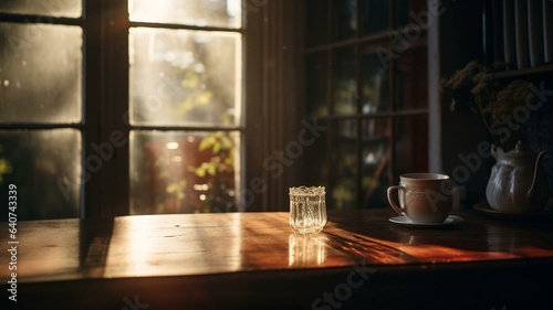 Glass on table near window