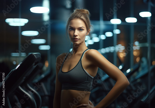 Portrait of attractive blonde young fit woman wearing sportswear and standing in modern gym.