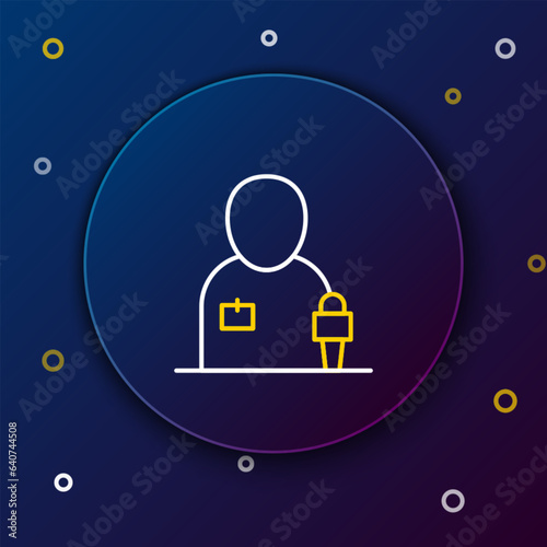 Line Journalist news reporter with microphone icon isolated on blue background. Colorful outline concept. Vector