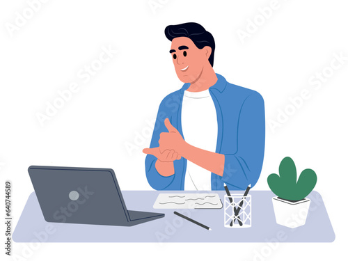 Smiling man talking on video call using sign language, talking to patient with hearing impairment, deafness, showing gestures on screen.