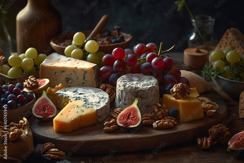 Gourmet cheese board with a variety of cheeses and accompaniments.  Various types of cheese on a rustic table. AI Generated