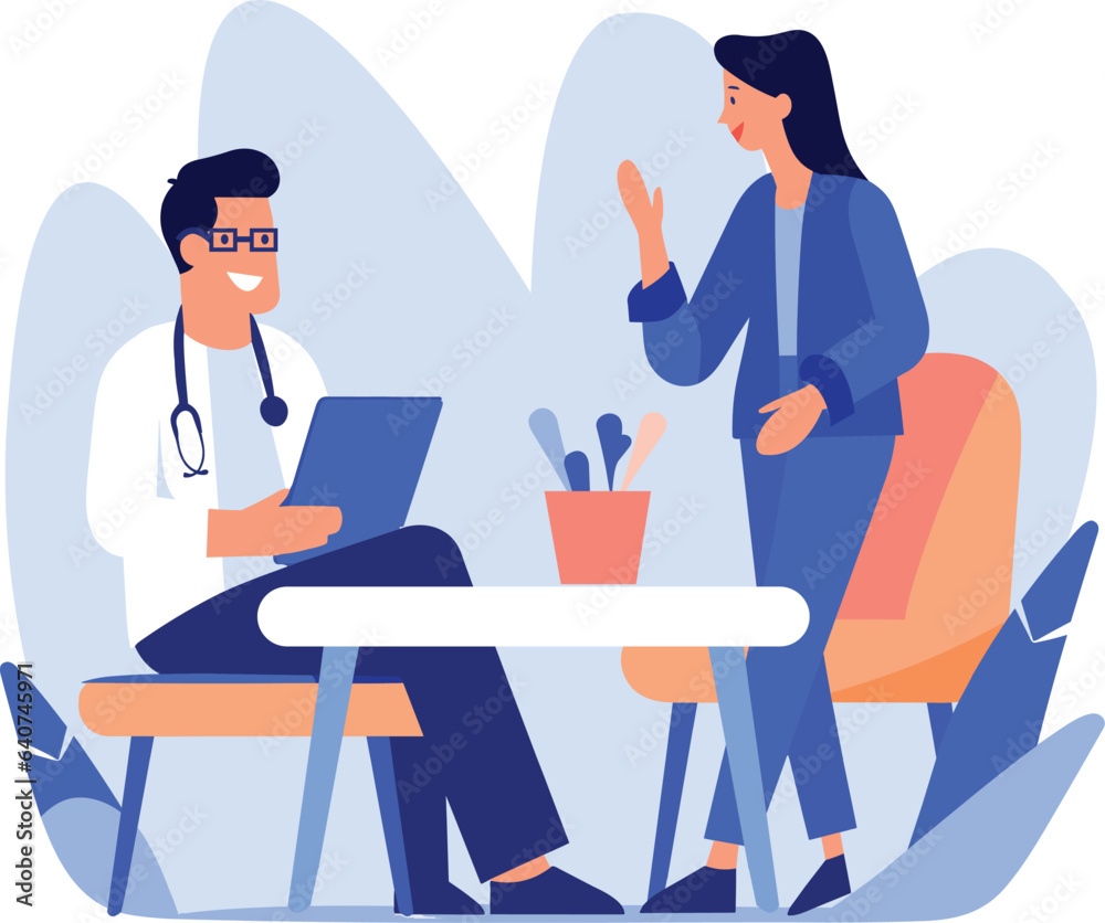 Hand Drawn Doctor talking to patient at hospital in flat style