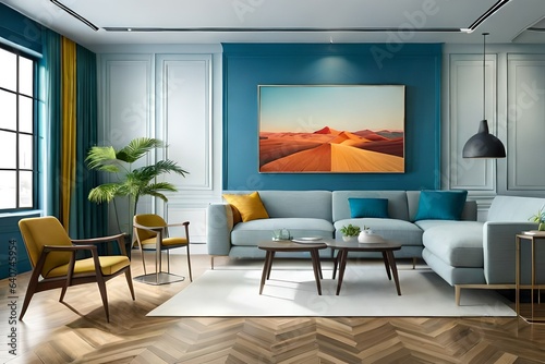 Pastel tone color in blue orange yellow and white room with geometric design