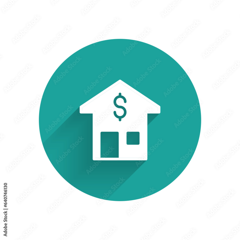 White House with dollar symbol icon isolated with long shadow background. Home and money. Real estate concept. Green circle button. Vector White House with dollar symbol icon isolated with long shadow background. Home and money. Real estate concept. Green circle button. Vector