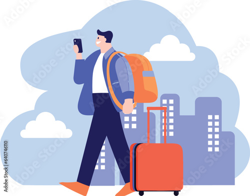 Hand Drawn tourists with attractions in flat style