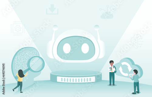 Artificial intelligence (AI) technology, brainstorming and analysis of AI science concept. Project management, support, planning, thinking, connecting and cloud computing. Vector design illustration.