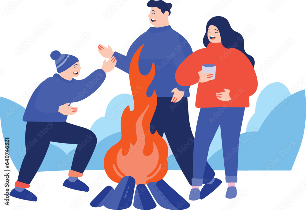 Hand Drawn Tourists with campfire in flat style Hand Drawn Tourists with campfire in flat style