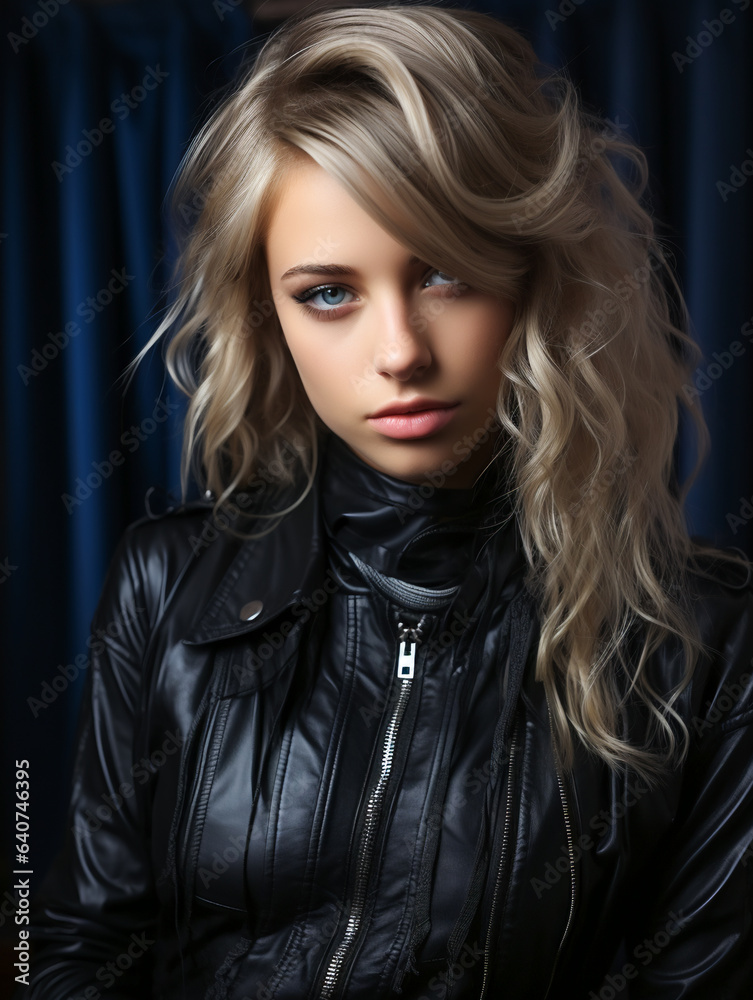 Enchanting Leather-clad Girl with Stunning Blue Eyes on Fashionable Backdrop