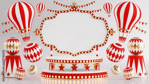 3D rendering for amusement park, circus, carnival fair theme podium with many rides and shops circus tent 3d illustration