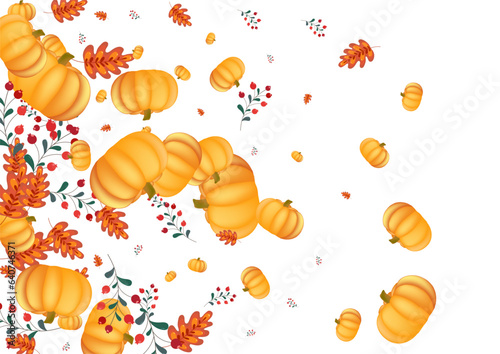 Orange Gourd Background White Vector. Plant Park. Red October Banner. Farm Texture. Yellow Pumpkin Decorative Set.