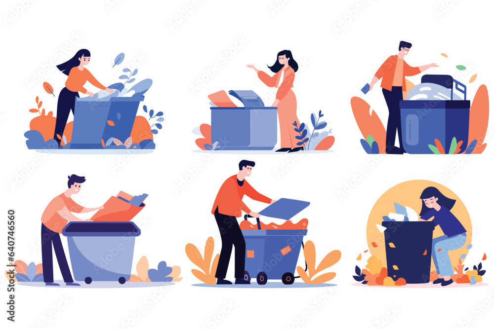 Hand Drawn woman with recycling bin in flat style Hand Drawn woman with recycling bin in flat style