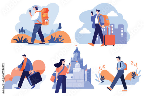 Hand Drawn tourists with attractions in flat style