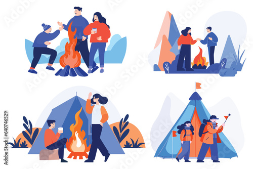 Hand Drawn Tourists with campfire in flat style