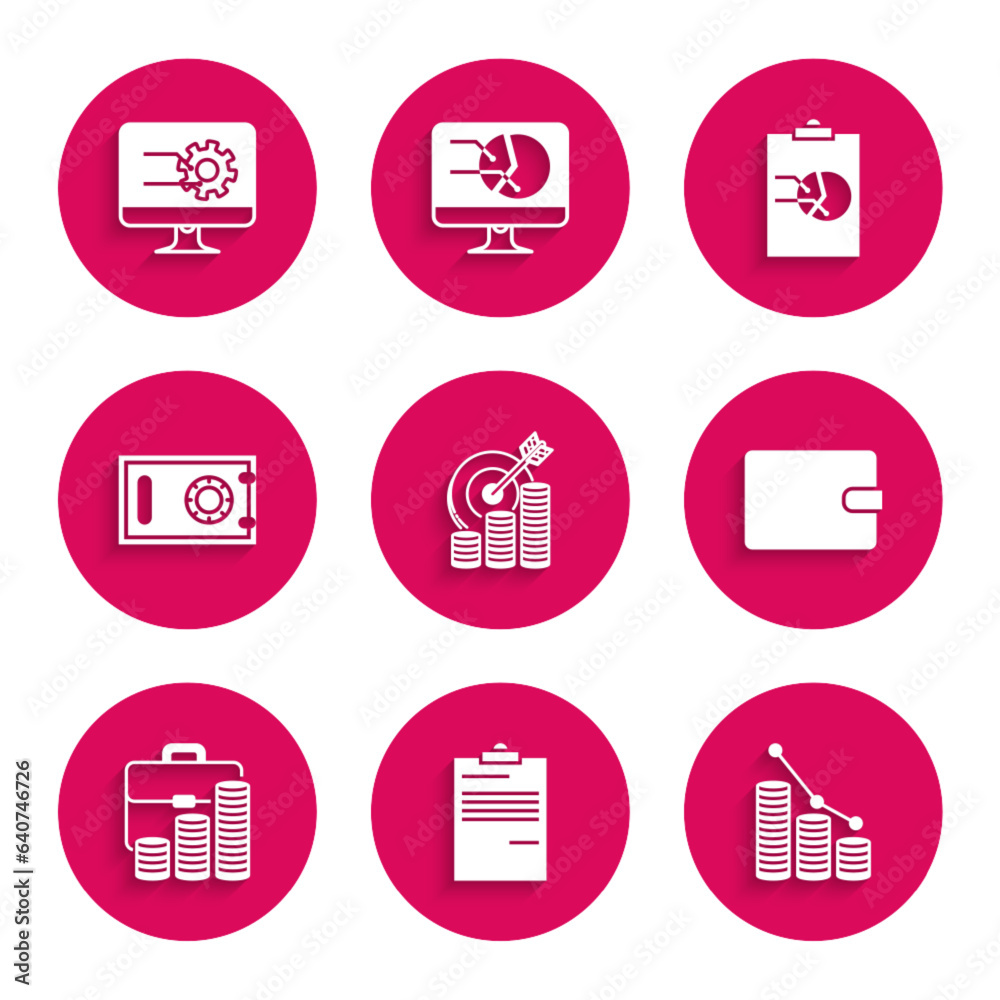 Set Target with coin symbol, Document, Pie chart infographic and, Wallet, Briefcase, Safe, Clipboard and Computer monitor icon. Vector Set Target with coin symbol, Document, Pie chart infographic and, Wallet, Briefcase, Safe, Clipboard and Computer monitor icon. Vector