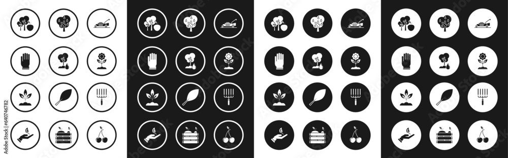 Fototapeta premium Set Lawn mower, Watering Tree, Garden gloves, with apple, Flower, pears, rake work and Plant icon. Vector