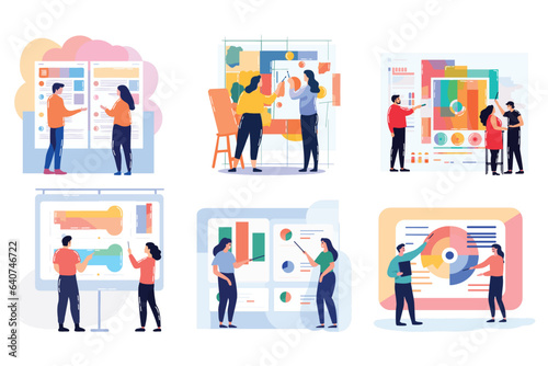 Hand Drawn Group of business people with presentations in flat style