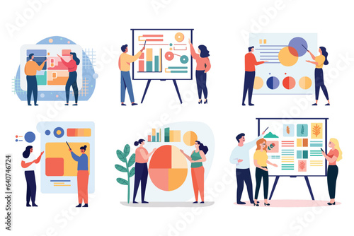 Hand Drawn Group of business people with presentations in flat style