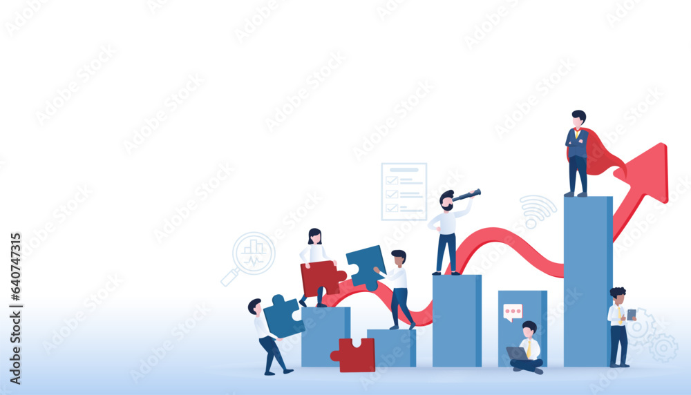 Business ideas and growth concept. Arrow pointing up to target. Business people working together, management, improvement, development and opportunity to achieve success. Flat vector illustration.