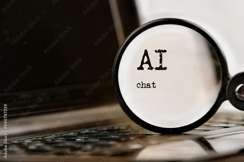 AI chat technology demonstrated with laptop, text and magnifying glass and command prompt. Chat with artificial intelligence. - obrazy, fototapety, plakaty 