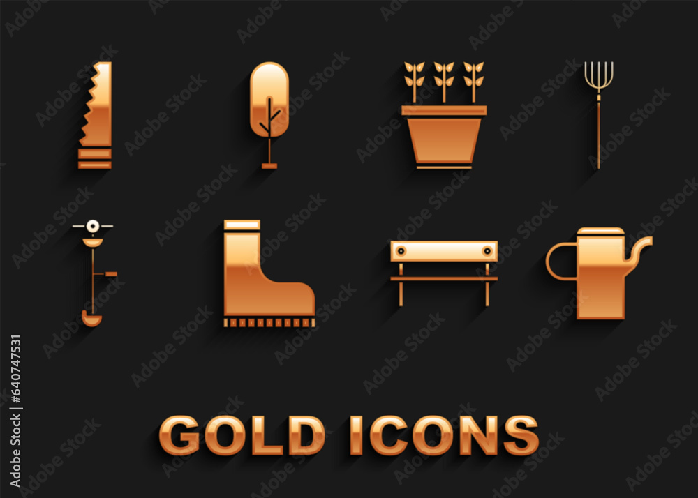Set Waterproof rubber boot, Garden pitchfork, Watering can, Bench, Grass and weed electric string trimmer, Plants pot, saw and Tree icon. Vector Set Waterproof rubber boot, Garden pitchfork, Watering can, Bench, Grass and weed electric string trimmer, Plants pot, saw and Tree icon. Vector