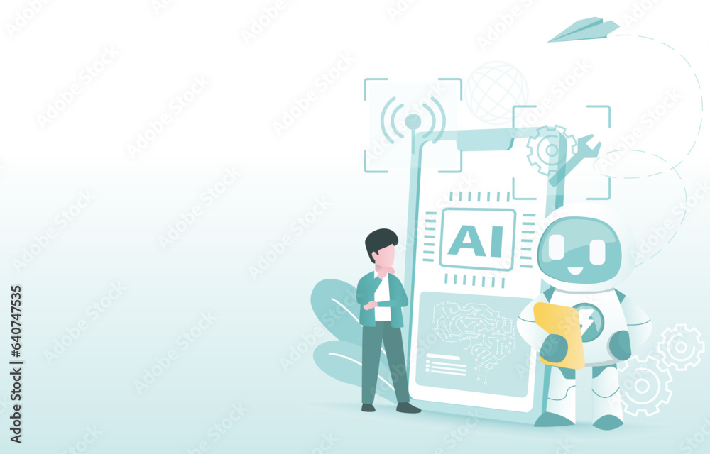 Artificial intelligence (AI) technology concept. Business people and Ai robot planning, repair, analyze mobile application and improvement. Flat vector design illustration with copy space.