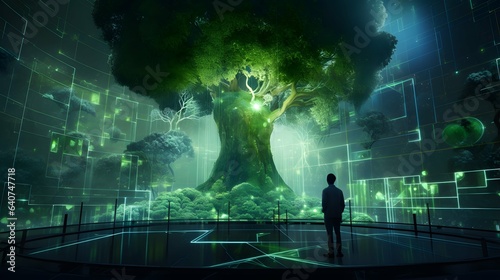 A holographic green virtual interface melds intricate financial data with pulsating green energy patterns, illustrating the integration of business and eco, ai generative