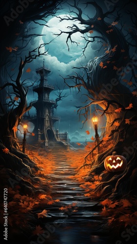 Halloween background with pumpkin and bats. Halloween night in a jungle.