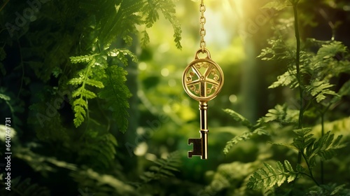 Golden key symbolizing financial empowerment, is delicately suspended amidst lush greenery, blending the concepts of wealth and eco, ai generative