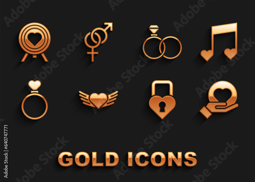 Set Heart with wings, Music note, tone hearts, hand, Castle the shape of, Wedding rings, center darts target aim and Gender icon. Vector