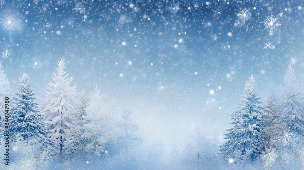 Winter Panoramic Background.  Snowy Fir Branches and Falling Snowflakes