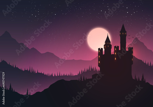 Vector Illustration Of An Castle In A Landscape At Night