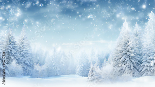 Winter Panoramic Background.  Snowy Fir Branches and Falling Snowflakes © EwaStudio