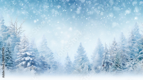 Winter Panoramic Background.  Snowy Fir Branches and Falling Snowflakes © EwaStudio