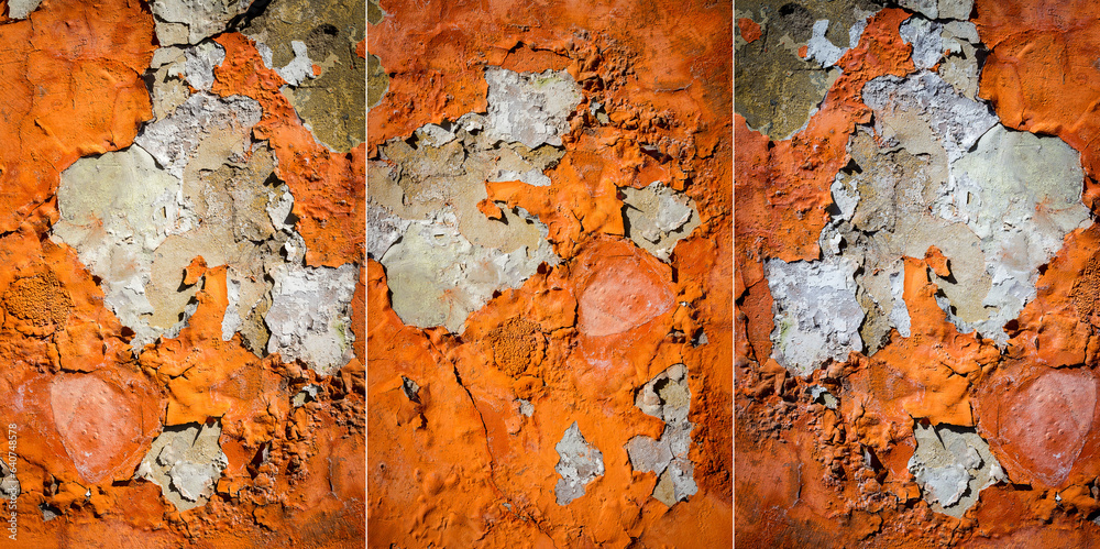Collection of images with orange plaster peeling off an old wall