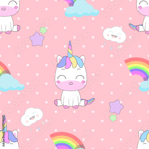 Cute little unicorn decorated with rainbows, stars and clouds seamless on a pink background with white dots. © opart