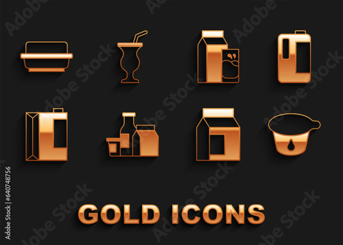 Set Milk product, in plastic bottle, Yogurt container, Paper package for milk, kefir, Butter butter dish and Milkshake icon. Vector