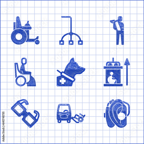 Set Guide dog, Disabled car, Hearing aid, Elevator for disabled, Eyeglasses, Woman wheelchair, Human broken arm and Electric icon. Vector