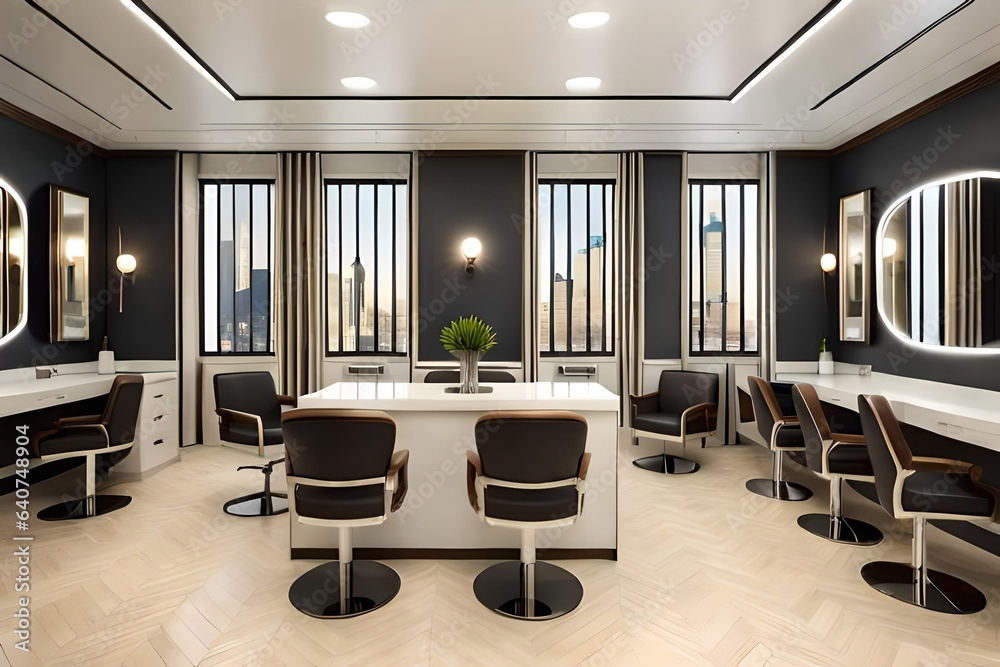 Fototapeta premium Beauty salon with chairs and round mirror,