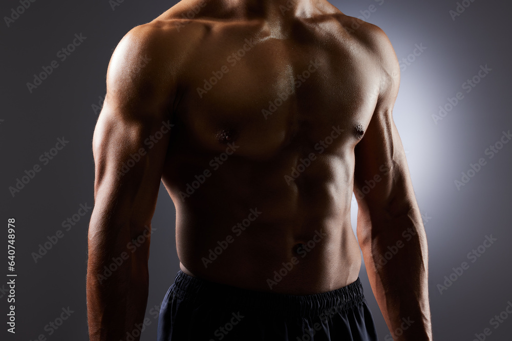 Topless, muscle and torso of man in dark background for fitness inspiration, beauty aesthetic or strong body. Shadow aesthetic, male sports model or muscular body builder in studio with art lighting. Topless, muscle and torso of man in dark background for fitness inspiration, beauty aesthetic or strong body. Shadow aesthetic, male sports model or muscular body builder in studio with art lighting.