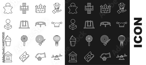 Set line Seesaw, Hot air balloon, Jester hat with bells, Castle, Swing, Joystick for arcade machine, Ghost and Jumping trampoline icon. Vector