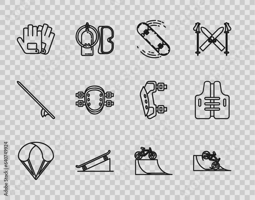 Set line Parachute, Bicycle on street ramp, Skateboard trick, Gloves, Knee pads, and Life jacket icon. Vector