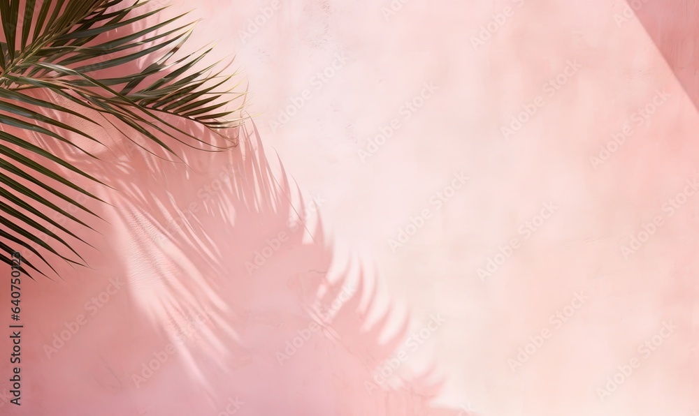 Shadow of palm leaves on pink wall with a beautiful plaster texture, Generative AI