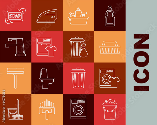 Set line Bucket with foam and bubbles, Washer t-shirt, Brush for cleaning, Plastic bottles liquid dishwashing liquid, Water tap, Bar of soap and Trash can garbage bag icon. Vector