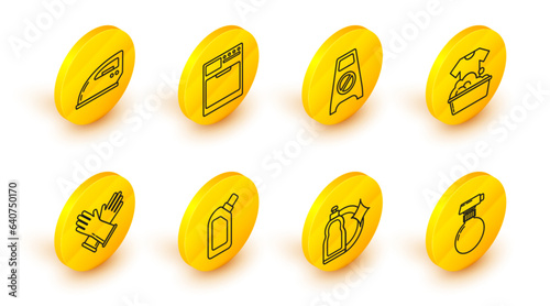 Set line , Plastic bottles for liquid dishwashing liquid, Rubber gloves, basin with soap suds, Wet floor and cleaning progress, Washer and Electric iron icon. Vector