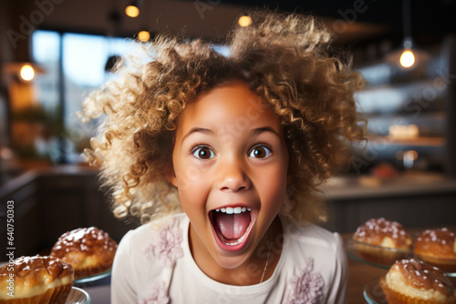 Delightful display of a surprised and overjoyed little girl in a restaurant, marveling at her favorite dish - a hamburger. A pure embodiment of youthful bliss and pleasant surprises.
