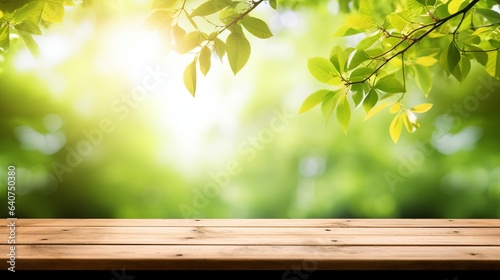 Spring beautiful background with green juicy young foliage and empty wooden table in nature outdoor. Natural template with Beauty bokeh and sunlight, Generative AI